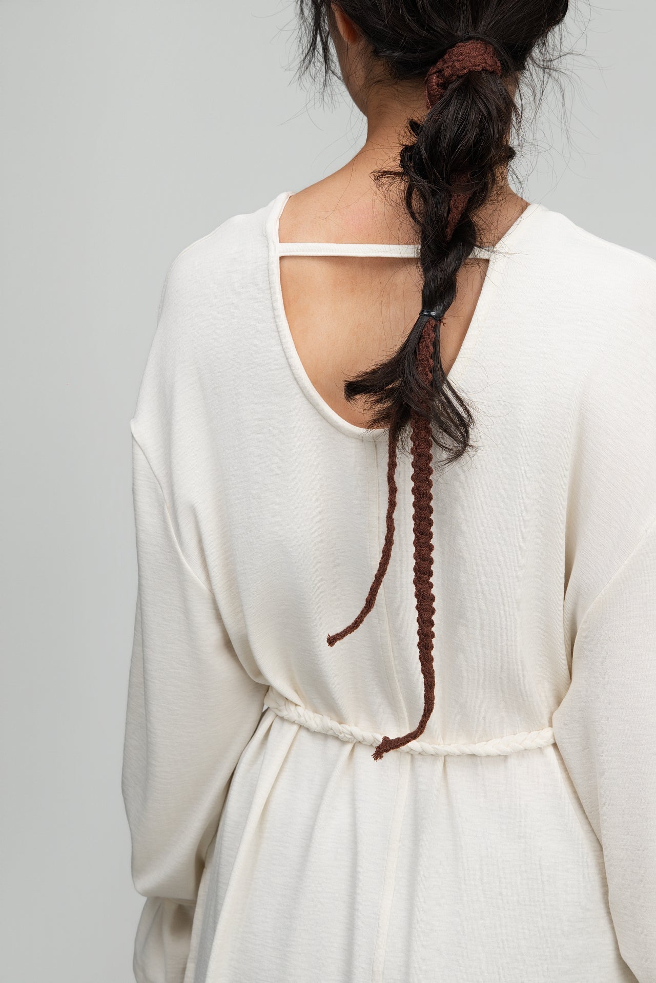 Snow Knit Braided Waist Drape Long Sleeve Top (White) - BEV C multi label store