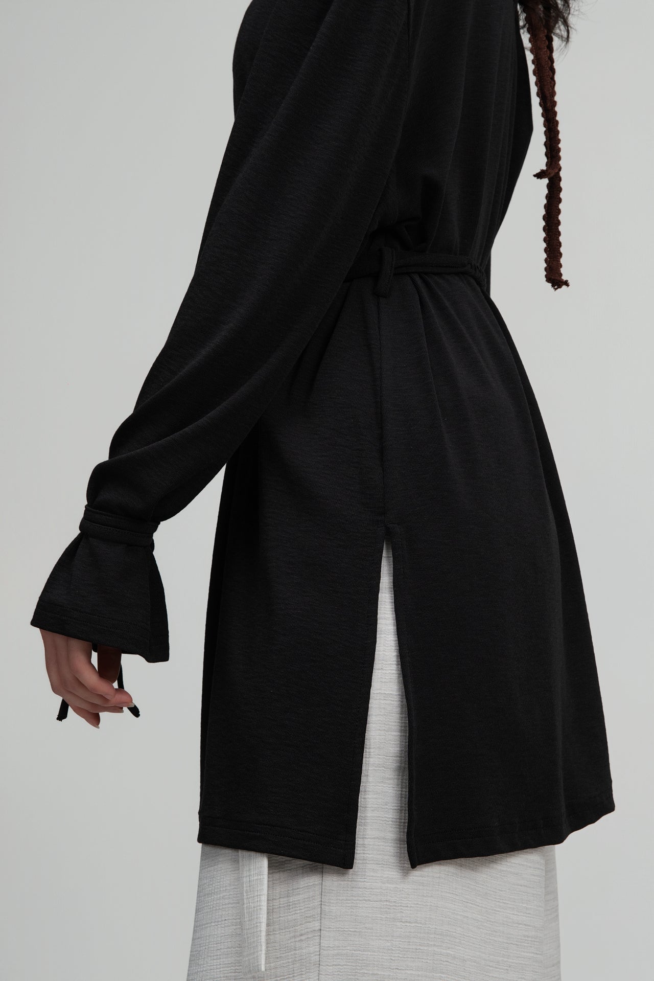 Snow Knit Braided Waist Drape Long Sleeve Top (Black) - BEV C multi label store