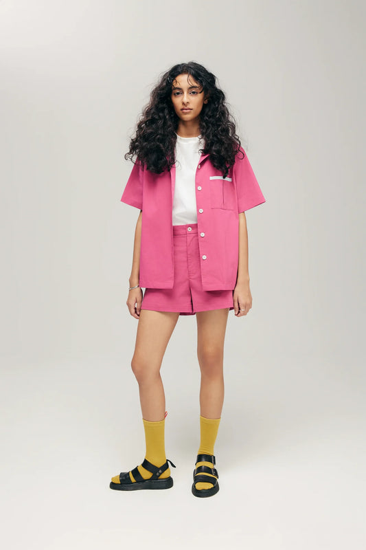 ORIME CAMP-COLLAR SHIRT IN DRAGONFRUIT & MINT BLUE
