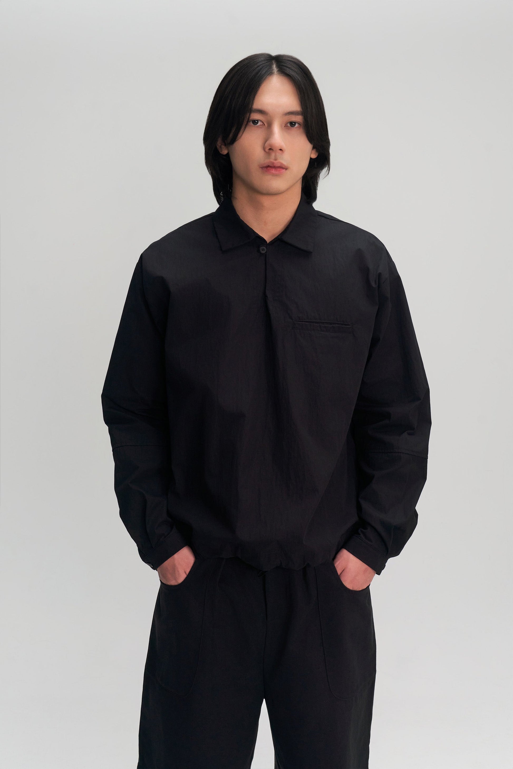 Gender Neutral Skipper Collar Long Sleeve Shirt (Black) - BEV C multi label store