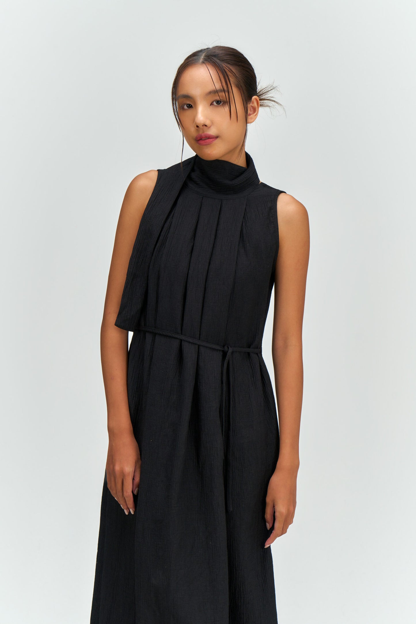 Pleated High Neck Scarf Dress (Black) - BEV C multi label store