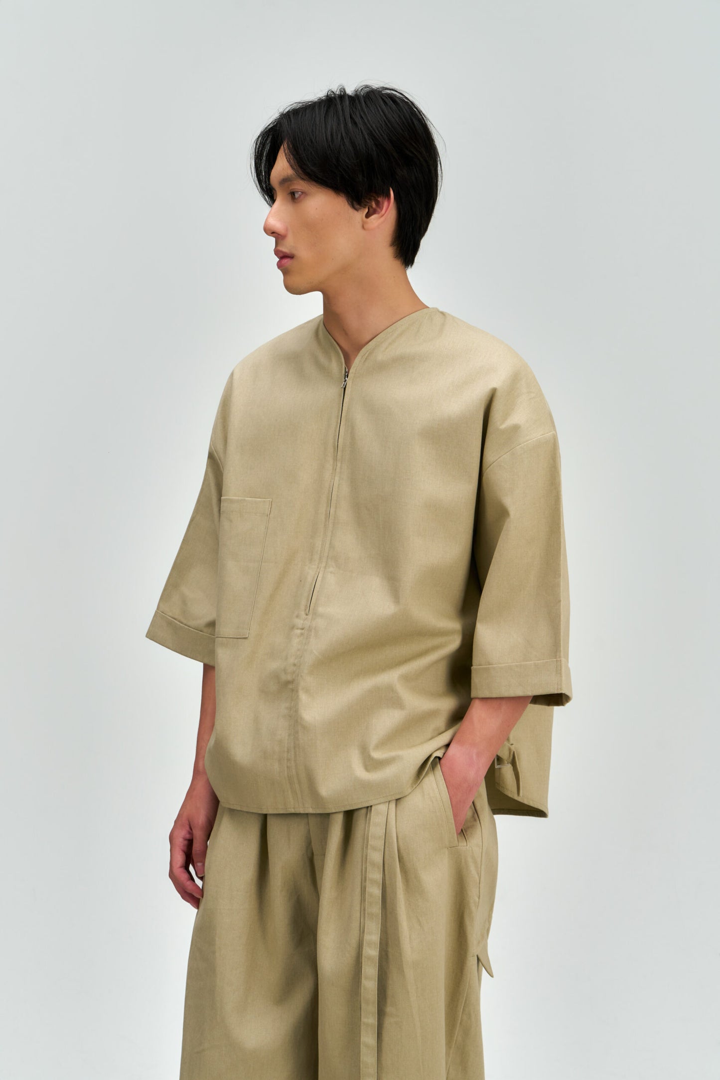 Gender Neutral Collarless Half-Zipper Shirt (Beige) - BEV C multi label store