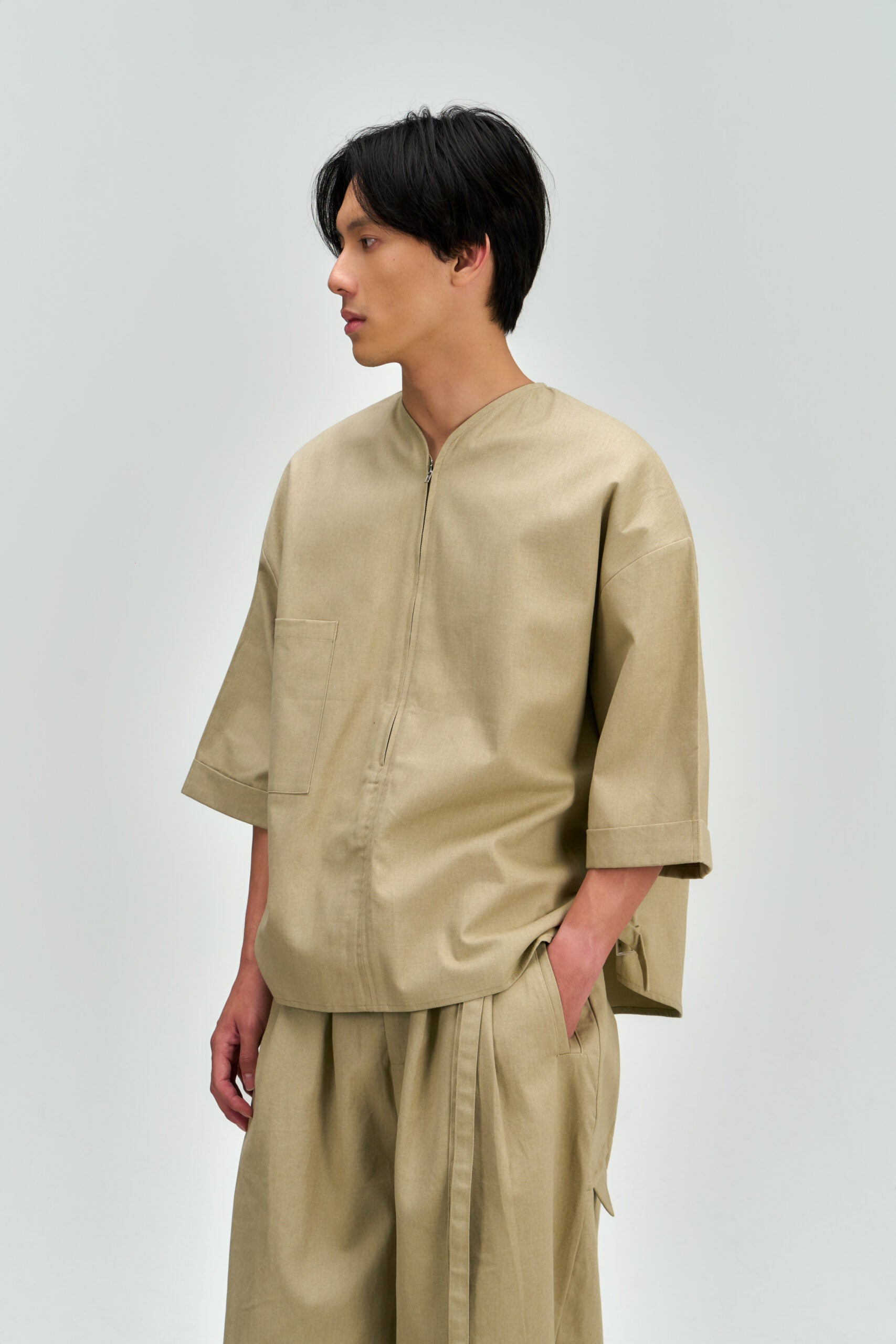 Gender Neutral Collarless Half-Zipper Shirt (Beige) - BEV C multi label store