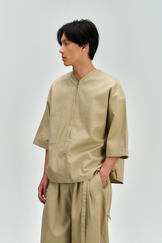 Gender Neutral Collarless Half-Zipper Shirt (Beige) - BEV C multi label store