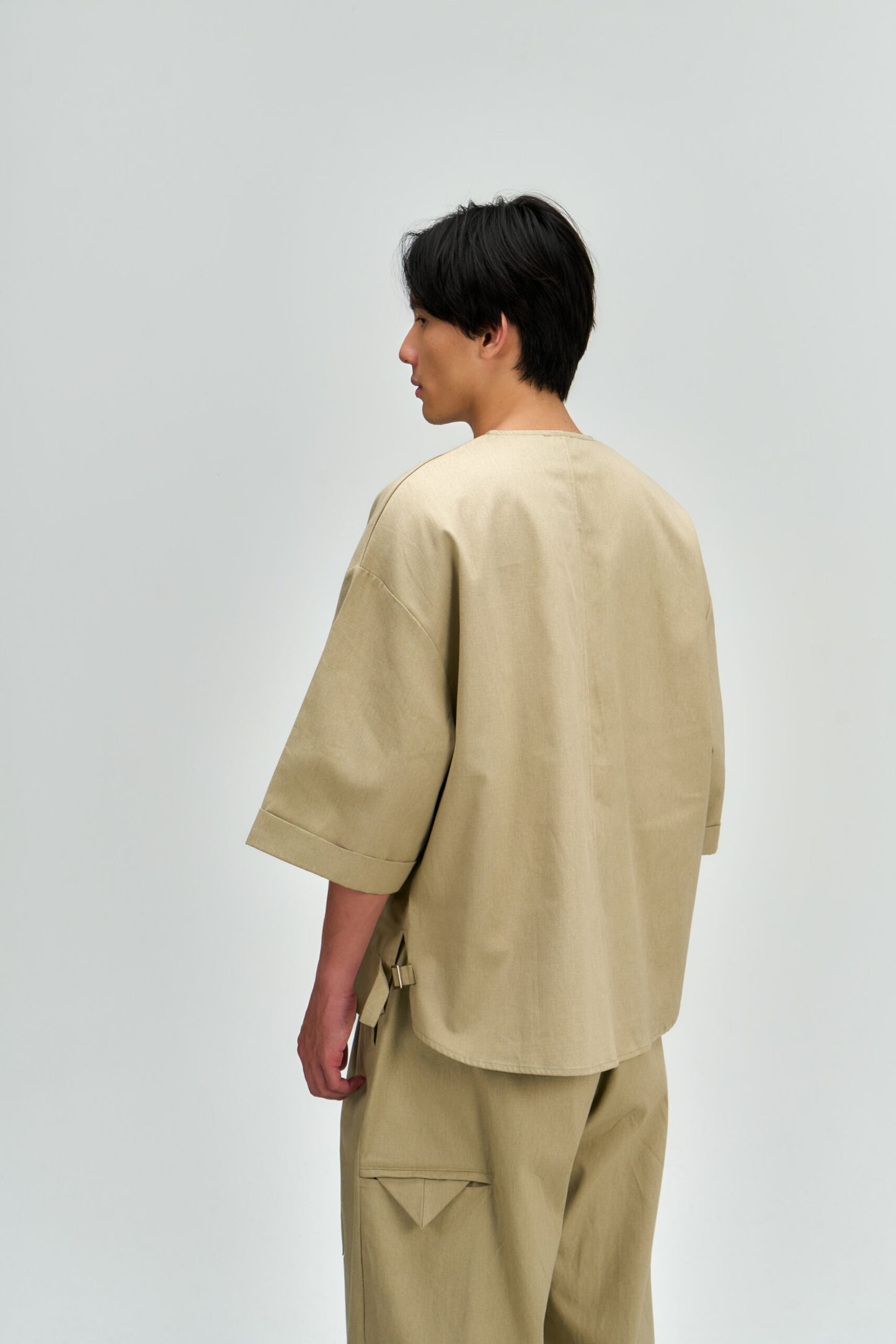 Gender Neutral Collarless Half-Zipper Shirt (Beige) - BEV C multi label store