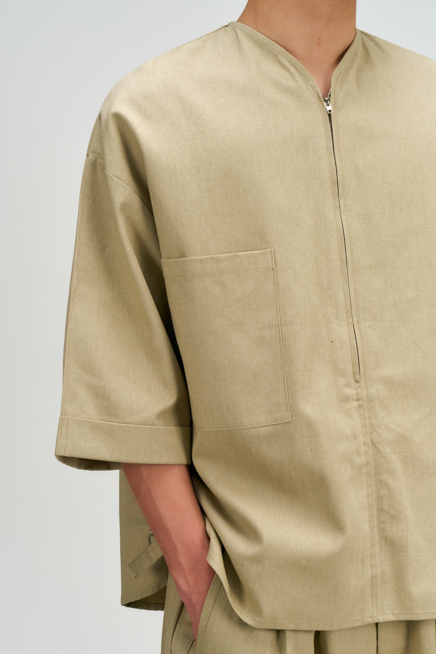 Gender Neutral Collarless Half-Zipper Shirt (Beige) - BEV C multi label store