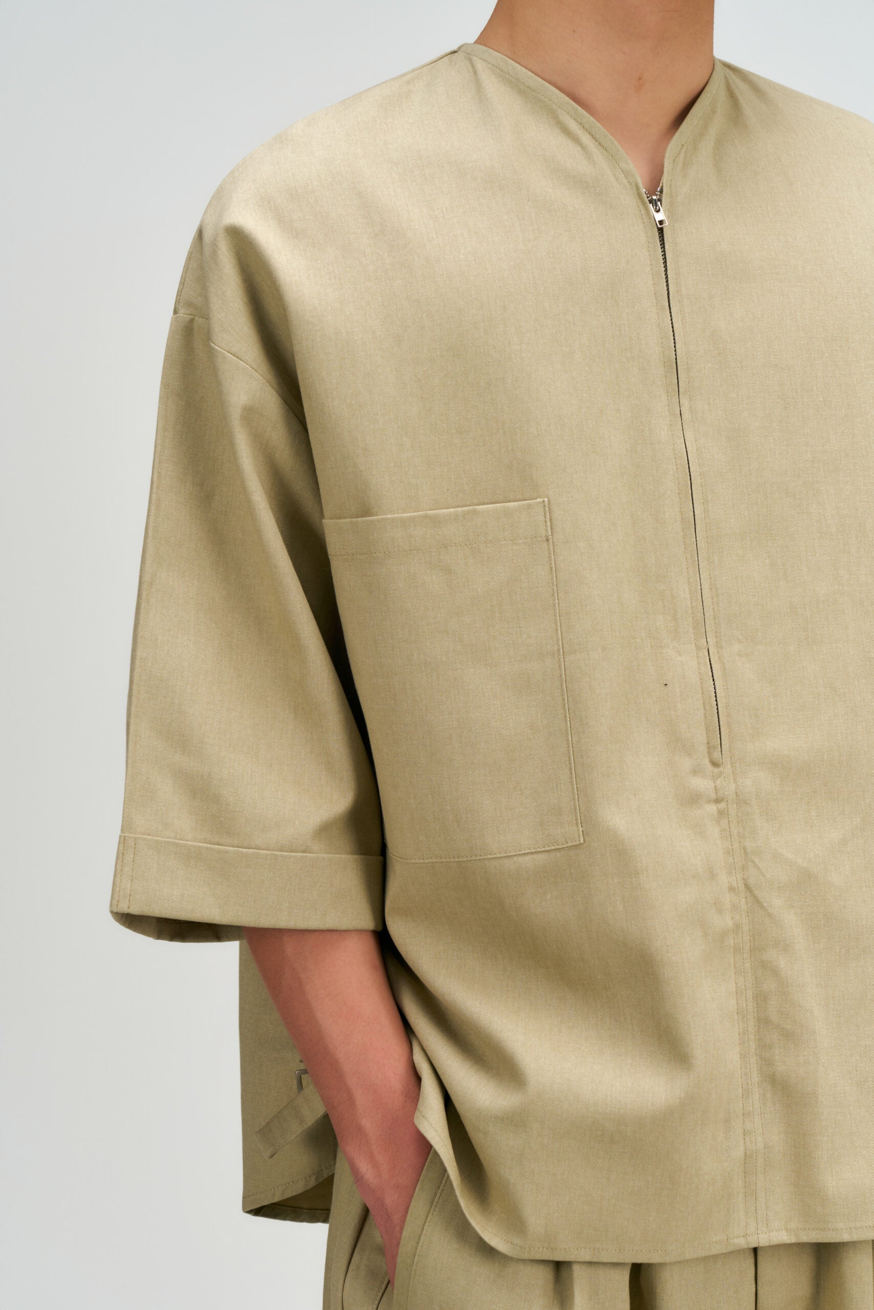 Gender Neutral Collarless Half-Zipper Shirt (Beige) - BEV C multi label store