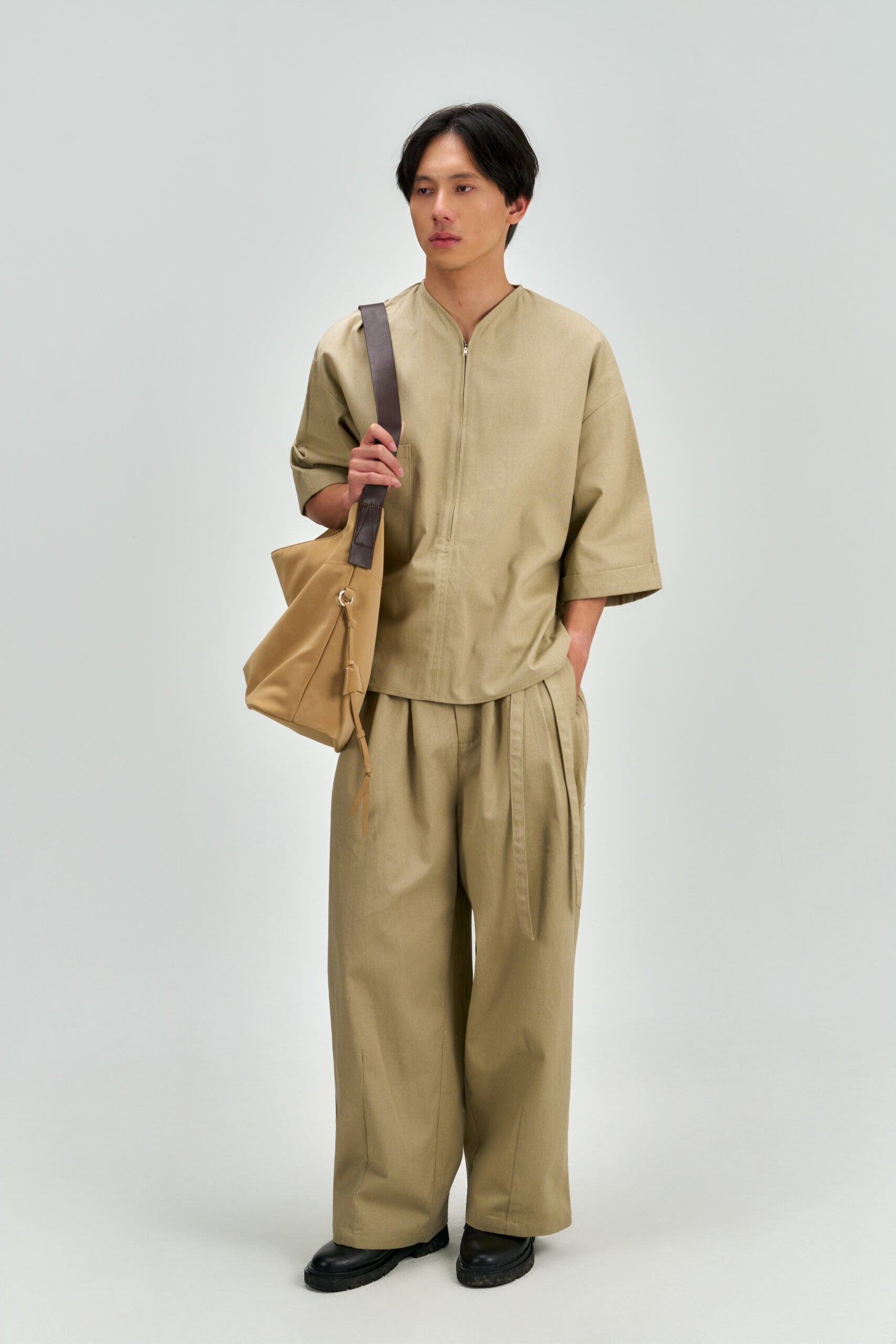 Gender Neutral Collarless Half-Zipper Shirt (Beige) - BEV C multi label store
