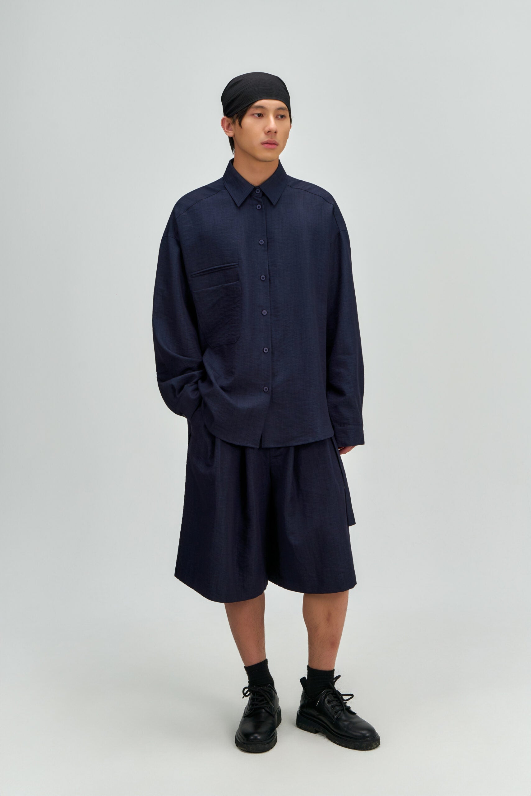 Gender Neutral Pleated Belted Short (Navy) - BEV C multi label store
