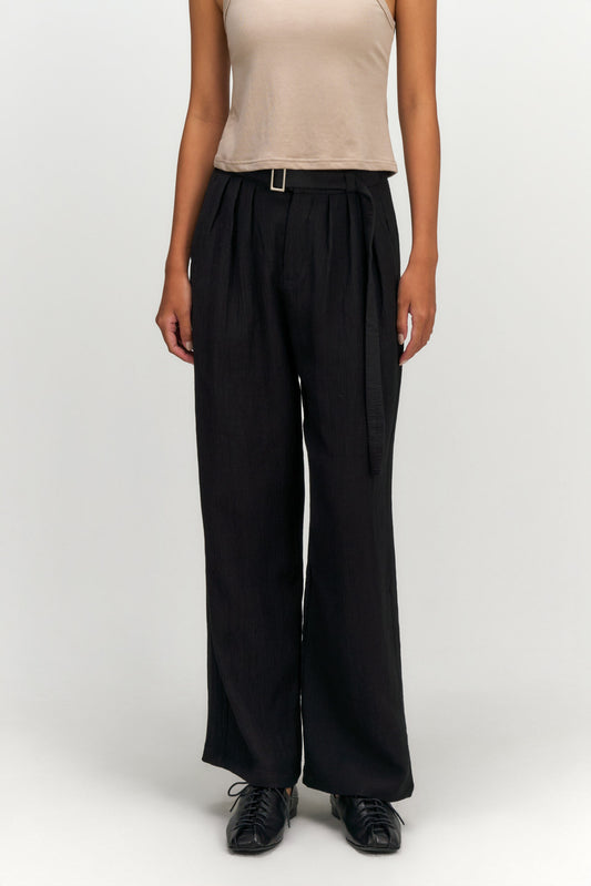 Tri Pleated Belted Trousers (Black) - BEV C multi label store
