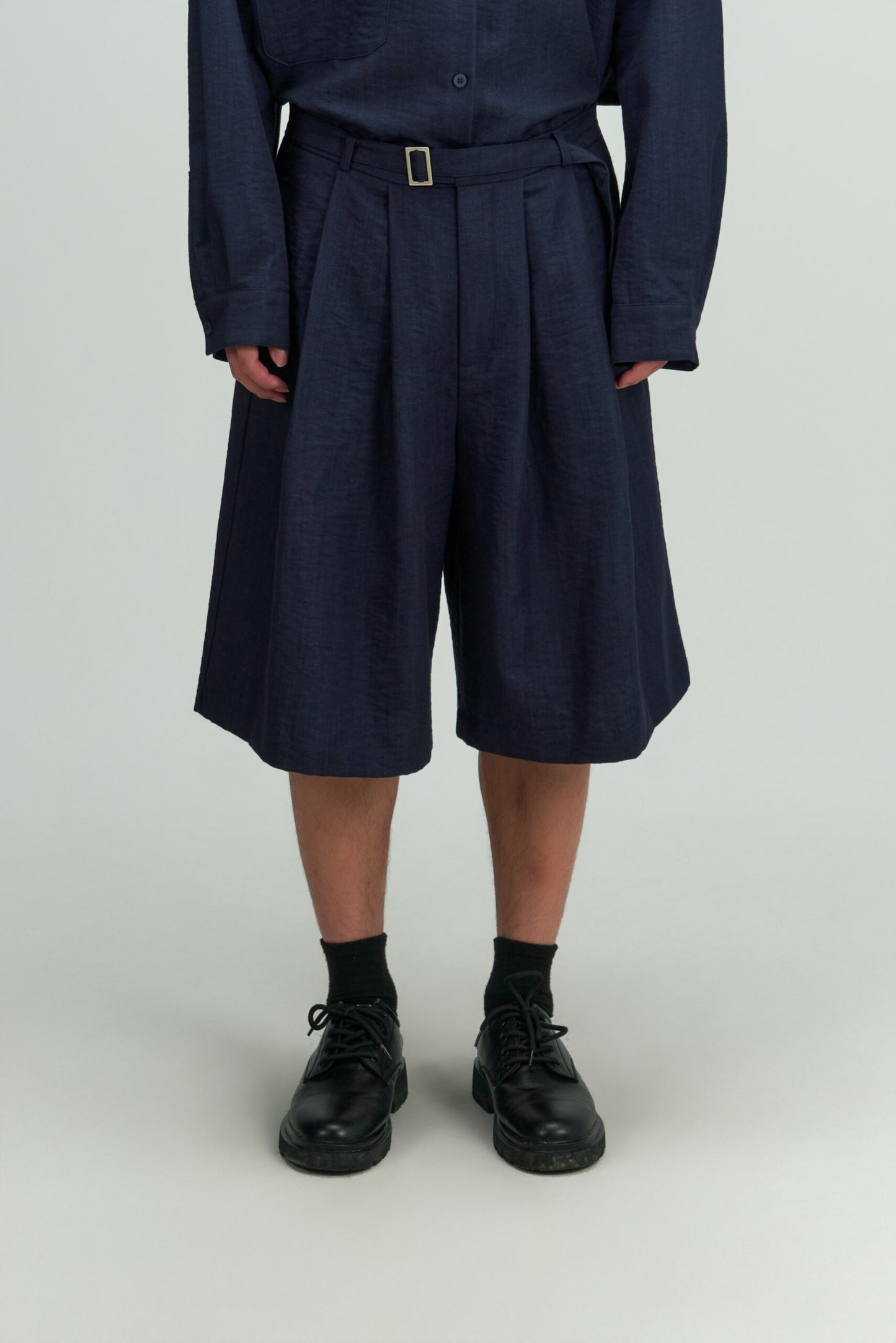 Gender Neutral Pleated Belted Short (Navy) - BEV C multi label store