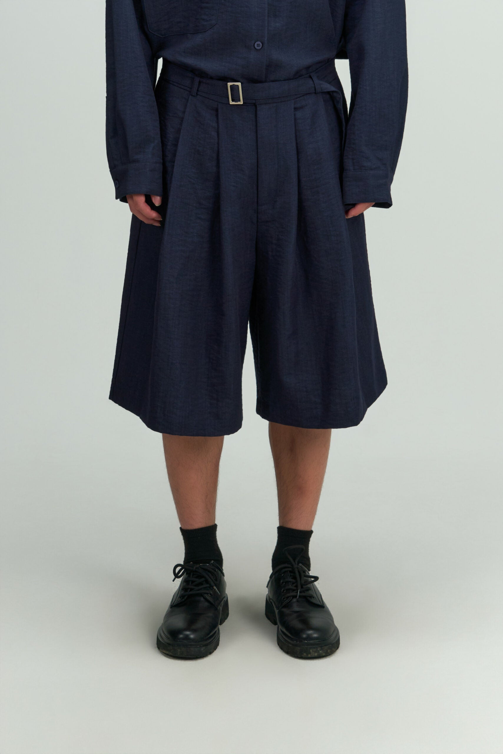 Gender Neutral Pleated Belted Short (Navy) - BEV C multi label store