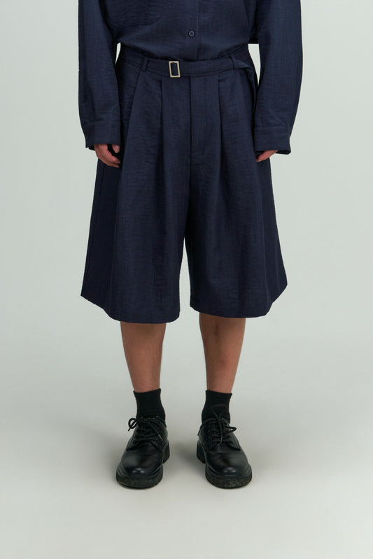 Gender Neutral Pleated Belted Short (Navy) - BEV C multi label store