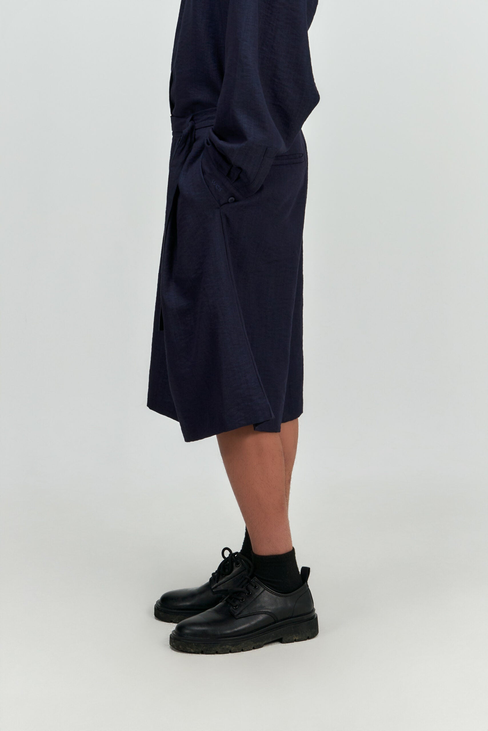 Gender Neutral Pleated Belted Short (Navy) - BEV C multi label store