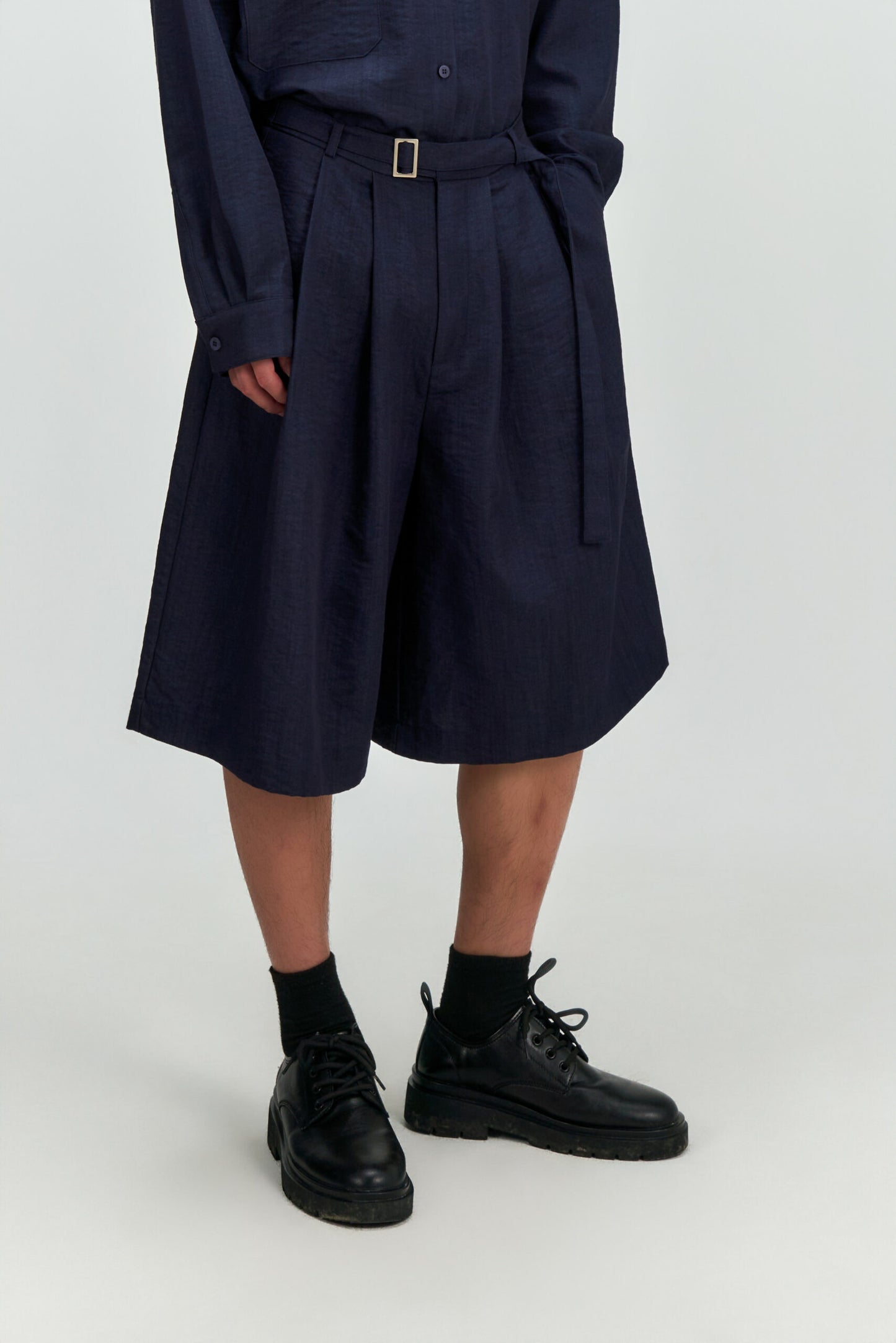 Gender Neutral Pleated Belted Short (Navy) - BEV C multi label store