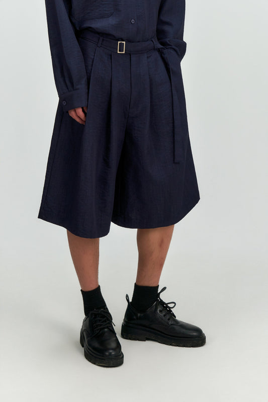 Gender Neutral Pleated Belted Short (Navy) - BEV C multi label store