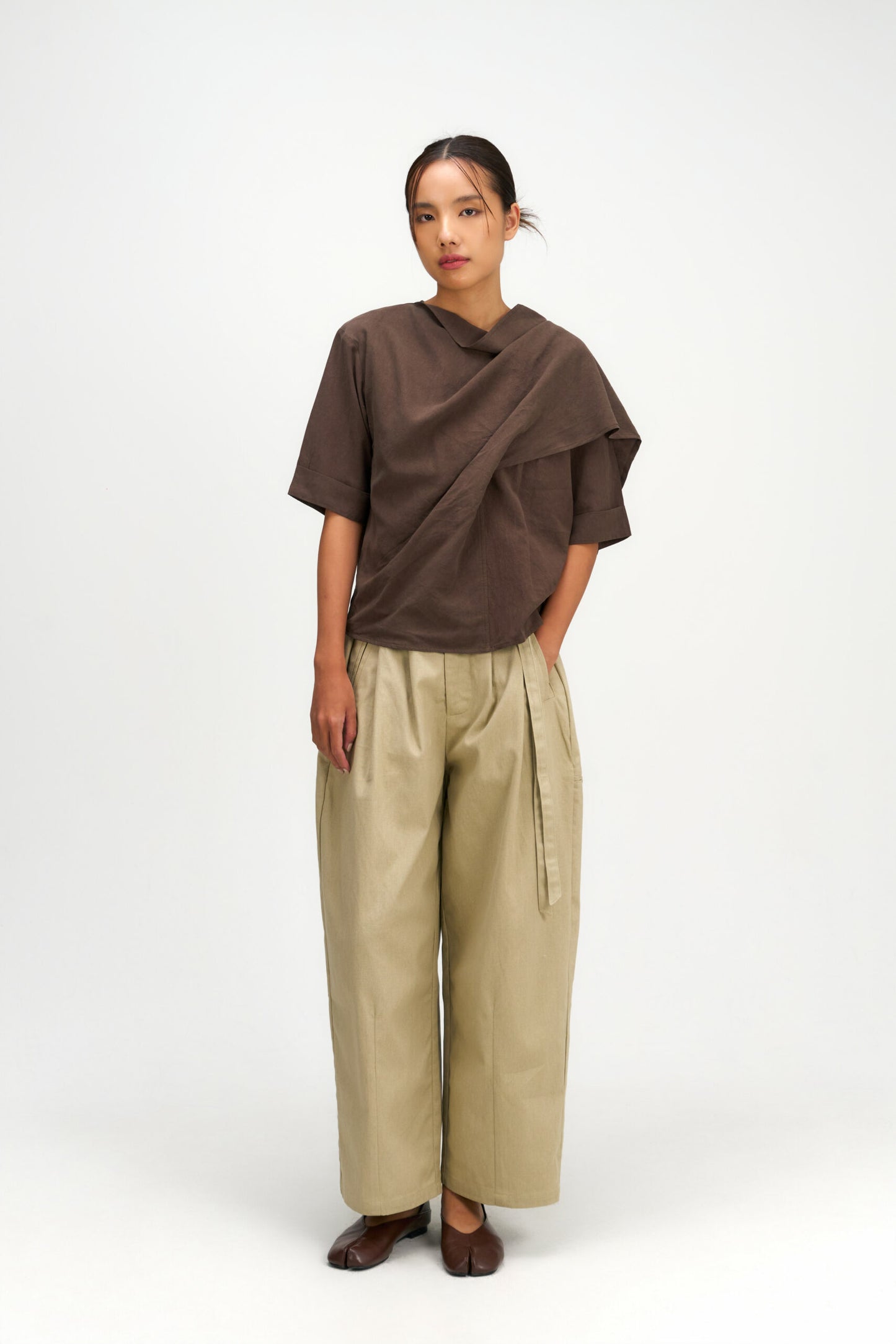 Gender Neutral Double Belted Long Trousers (Beige) - BEV C multi label store