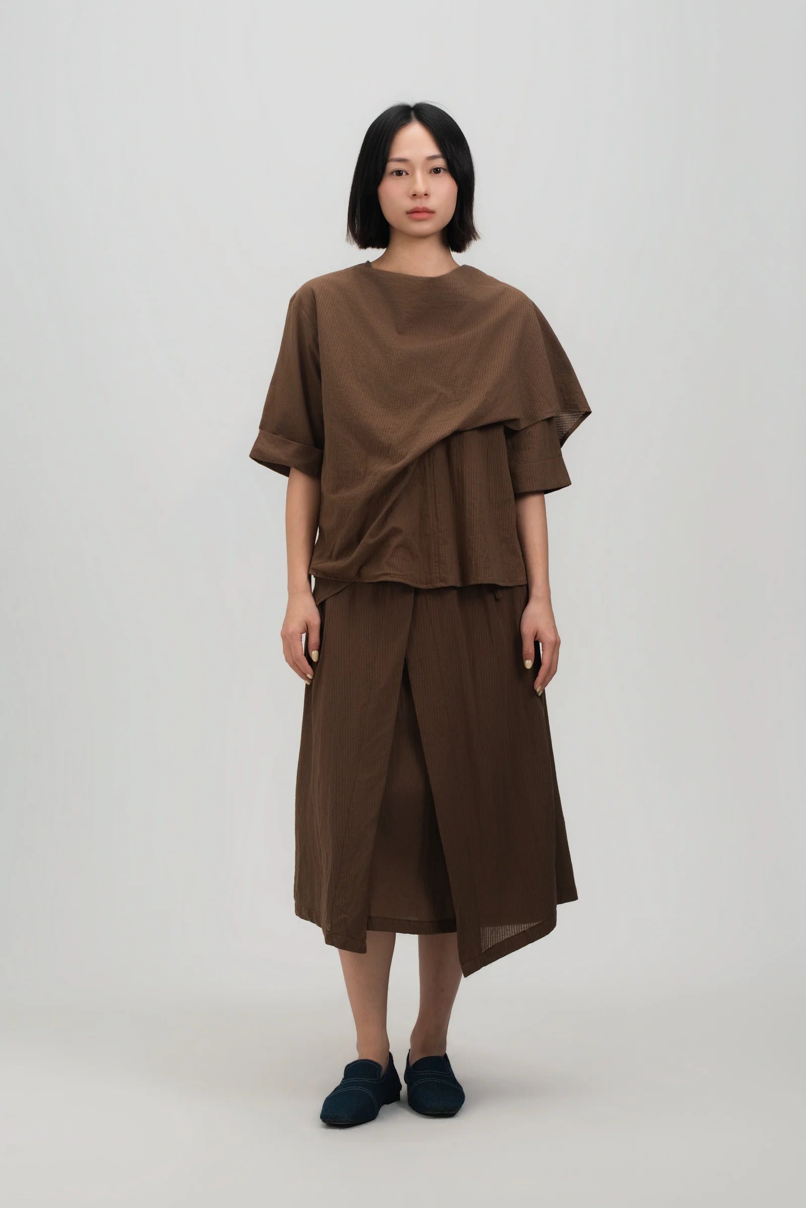 Neck-Scarf Half Sleeve Blouse (Brown Grid) - BEV C multi label store