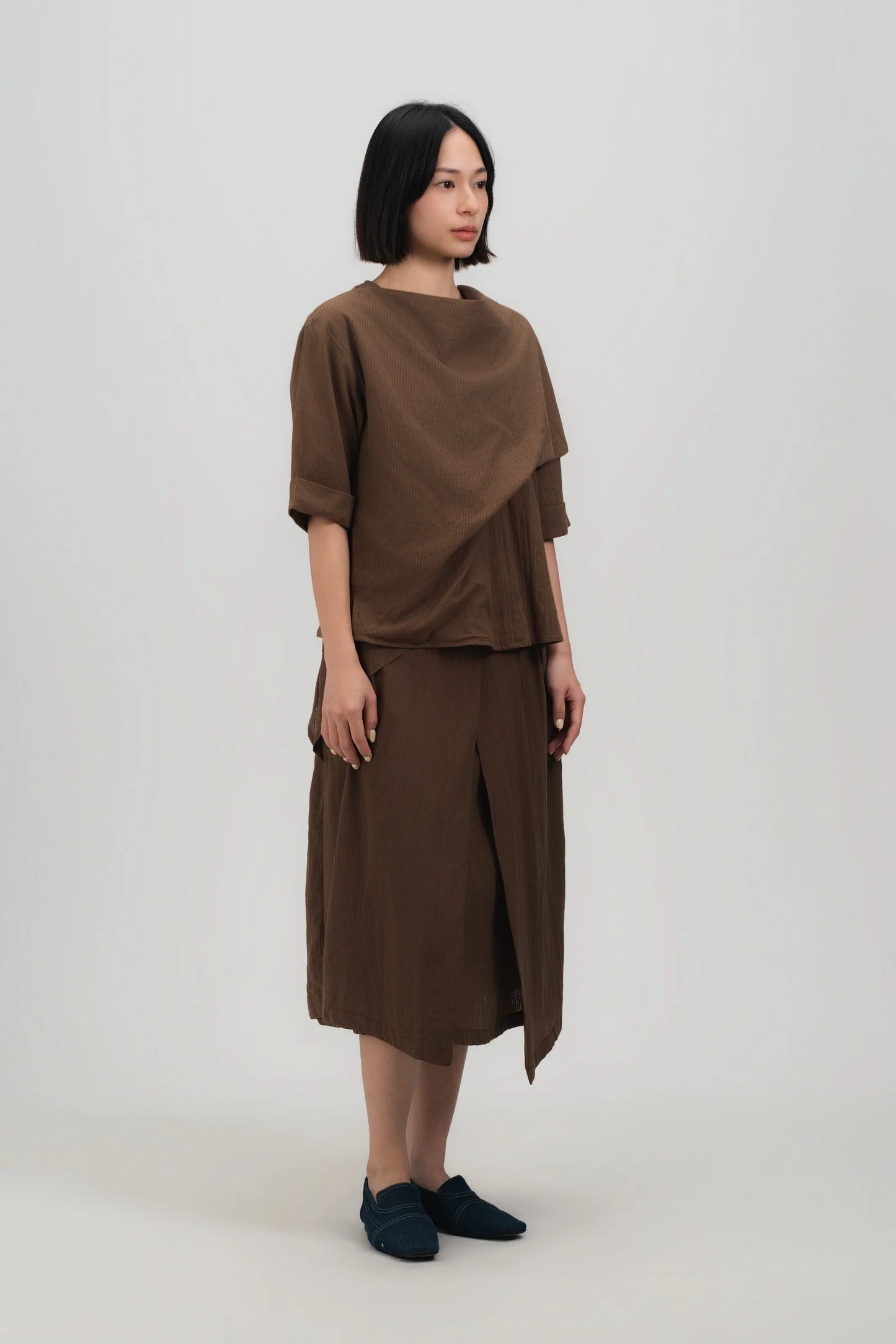 Neck-Scarf Half Sleeve Blouse (Brown Grid) - BEV C multi label store
