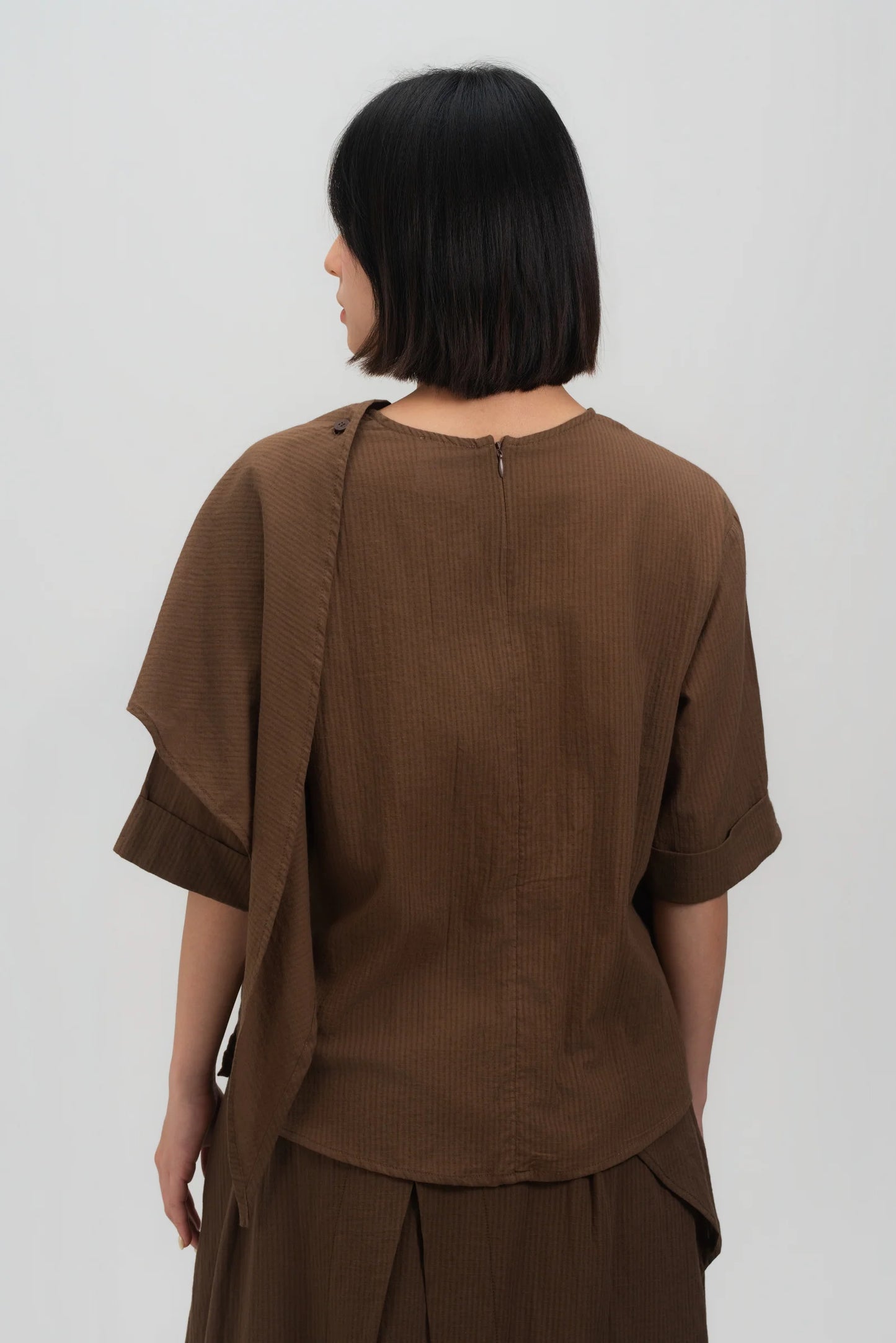Neck-Scarf Half Sleeve Blouse (Brown Grid) - BEV C multi label store