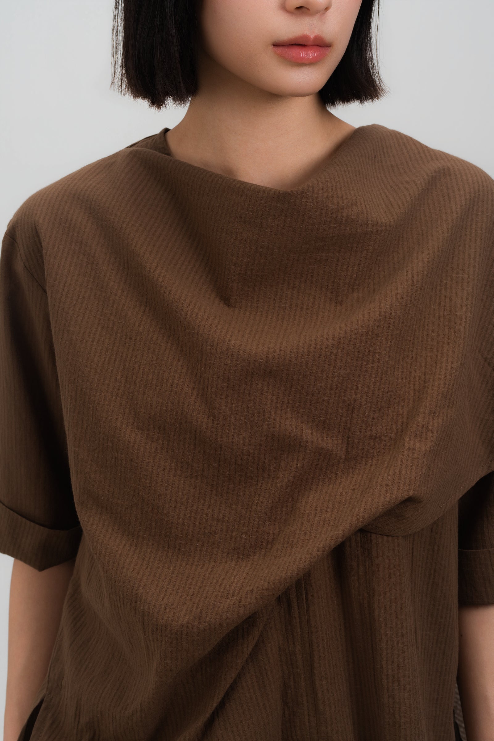 Neck-Scarf Half Sleeve Blouse (Brown Grid) - BEV C multi label store