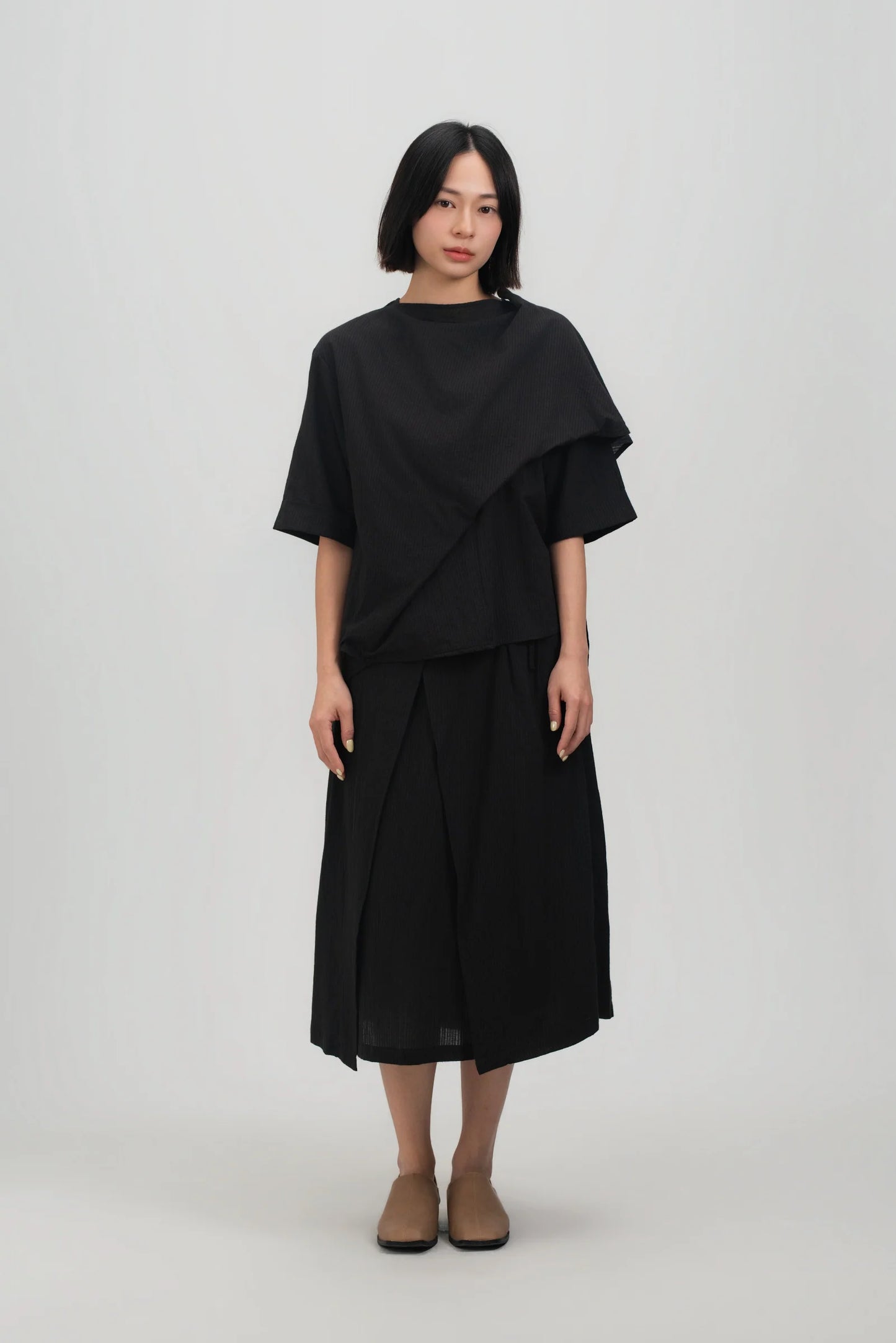 Neck-Scarf Half Sleeve Blouse (Black Grid) - BEV C multi label store