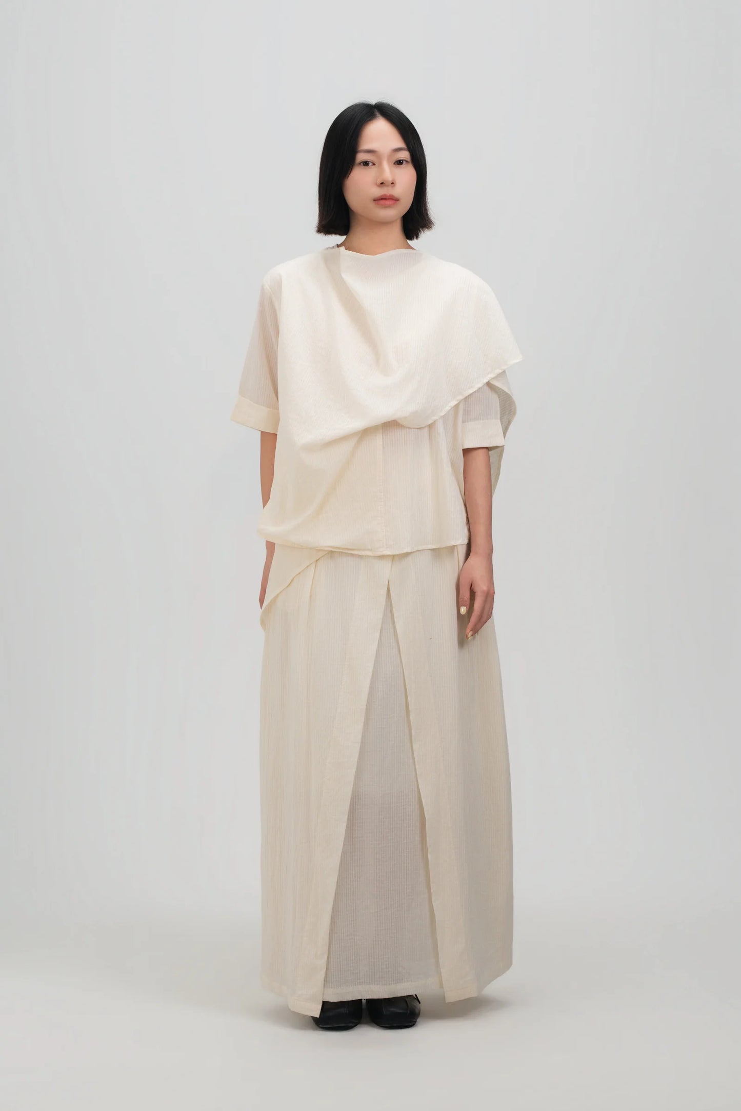 Neck-Scarf Half Sleeve Blouse (Off White Grid)