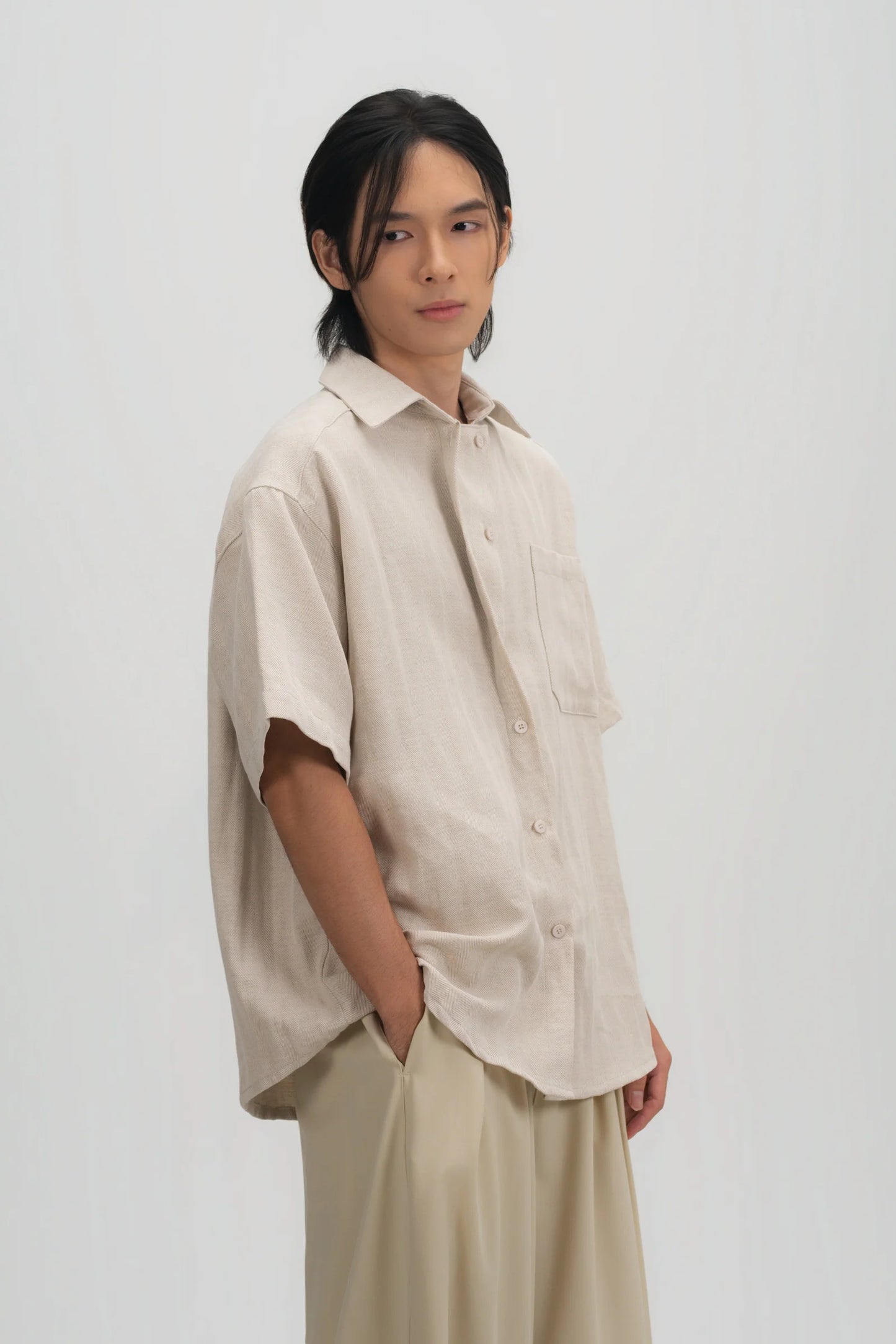 Gender Neutral Drape Neck Short-Sleeve Shirt (Linen Beige) - BEV C multi label store
