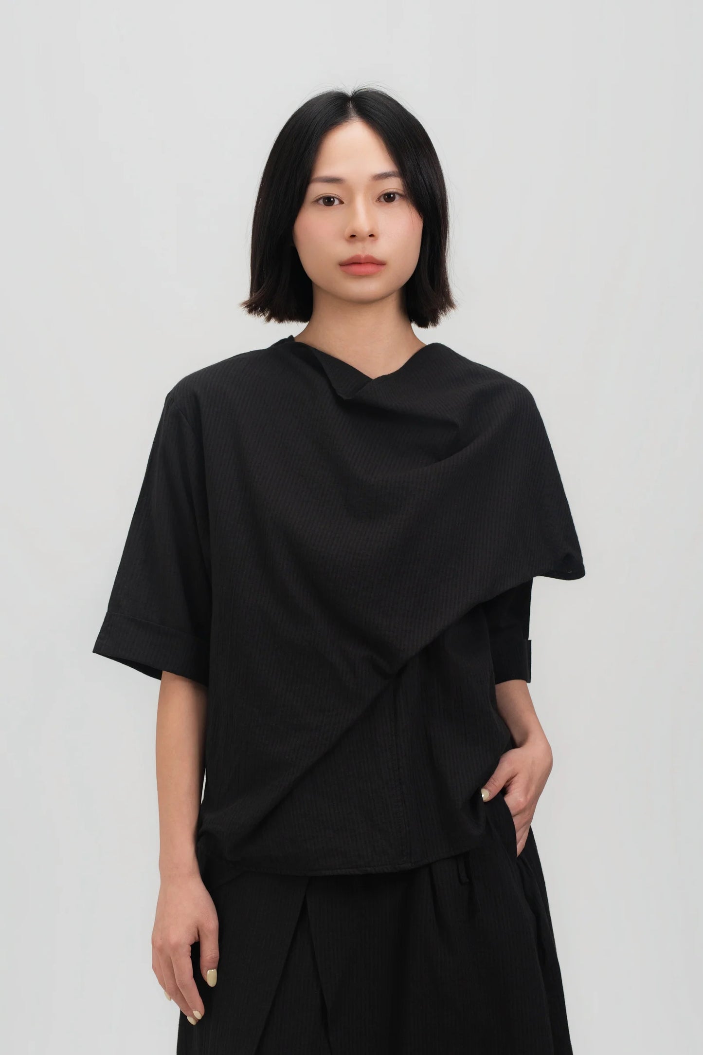 Neck-Scarf Half Sleeve Blouse (Black Grid) - BEV C multi label store