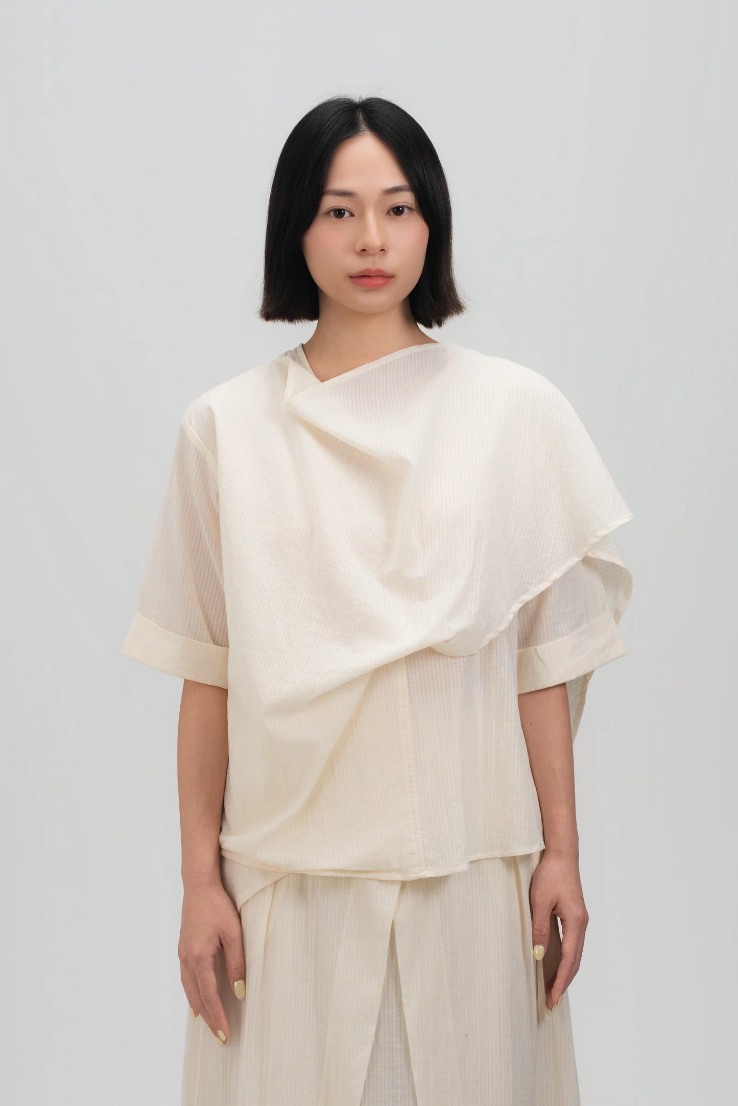 Neck-Scarf Half Sleeve Blouse (Off White Grid)