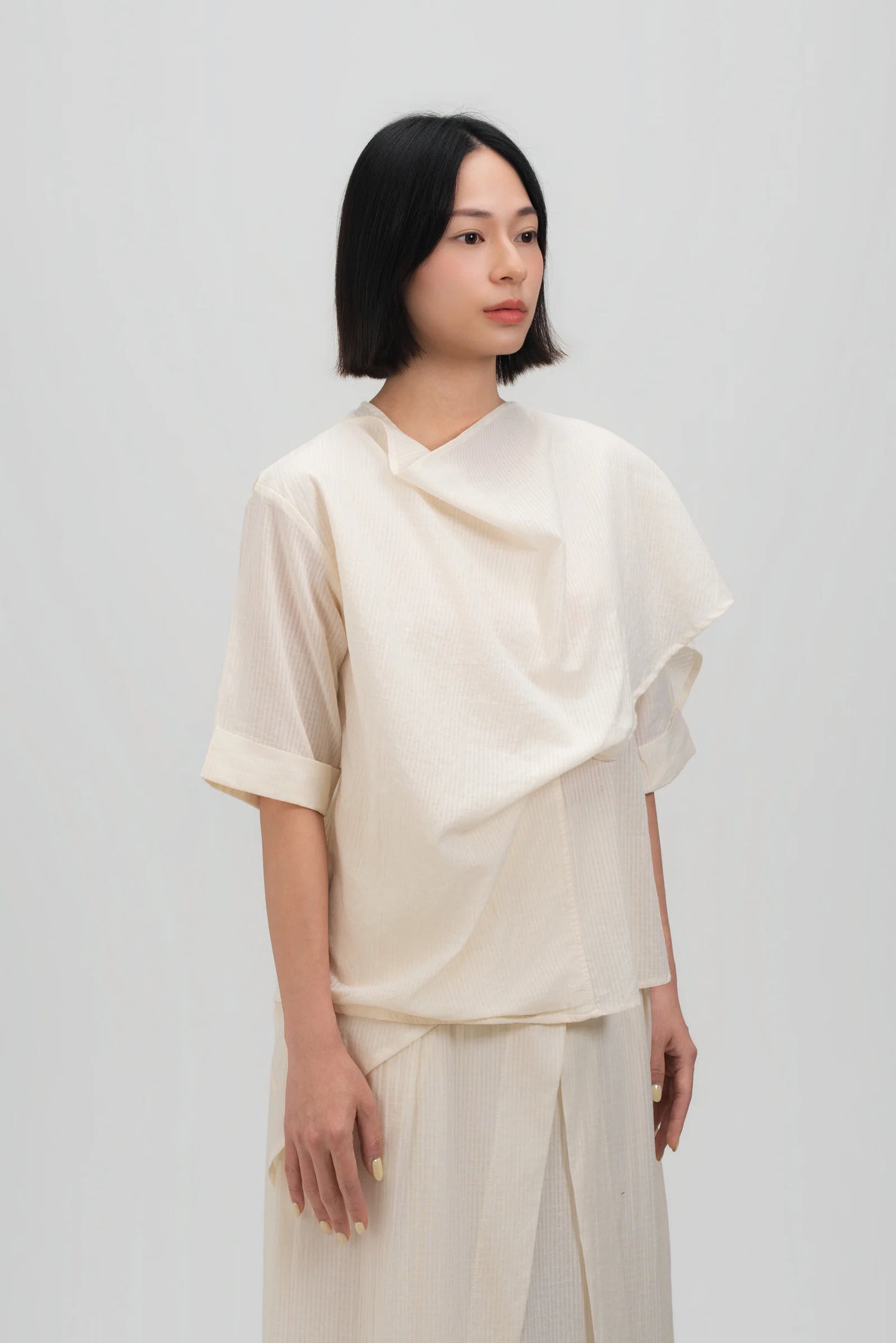 Neck-Scarf Half Sleeve Blouse (Off White Grid)