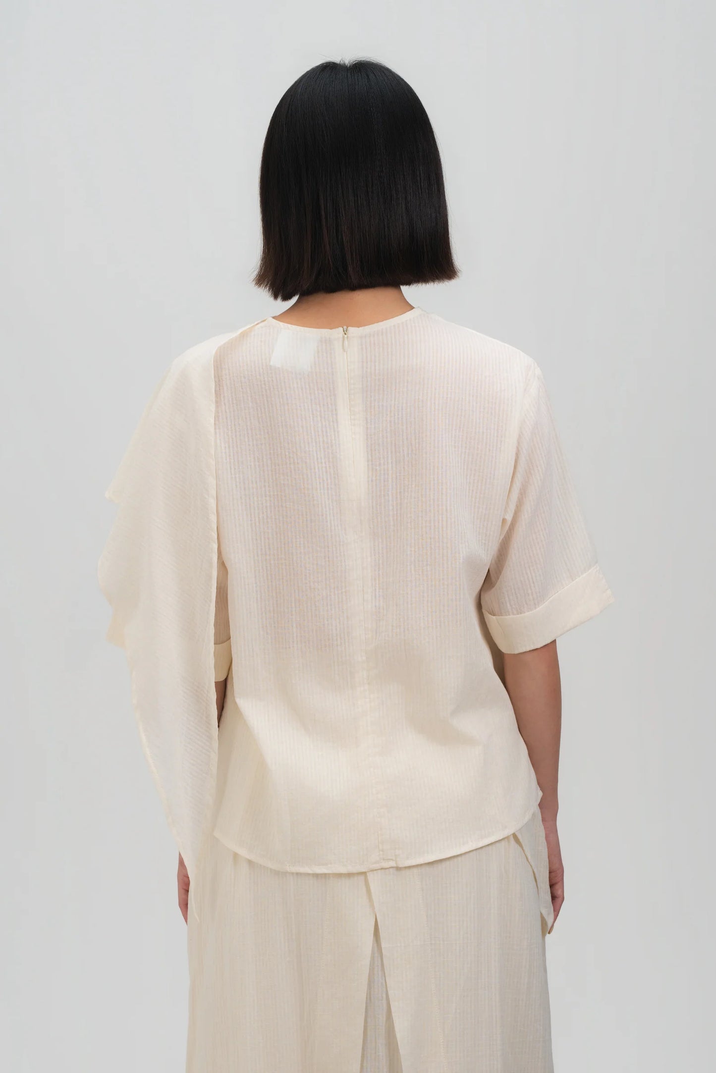 Neck-Scarf Half Sleeve Blouse (Off White Grid)
