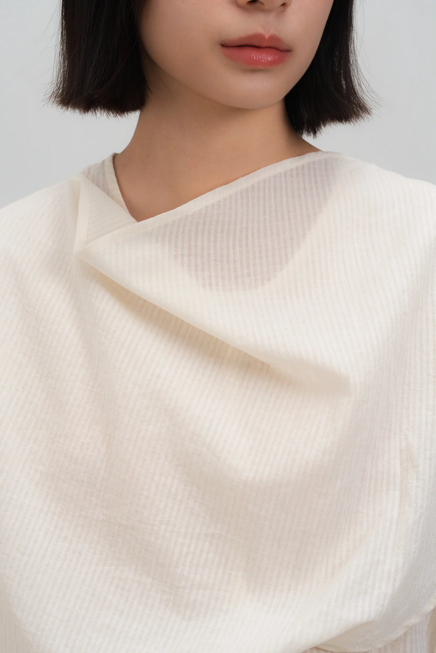 Neck-Scarf Half Sleeve Blouse (Off White Grid)