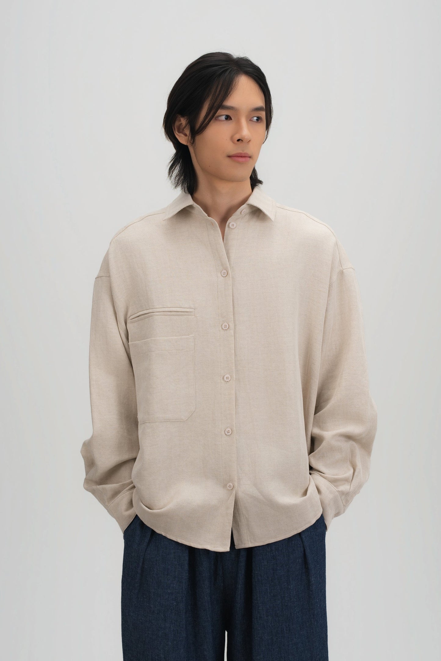 Gender Neutral Oversized Arm Long Sleeve Blouse (Linen Beige)