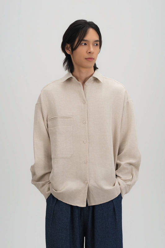 Gender Neutral Oversized Arm Long Sleeve Blouse (Linen Beige)