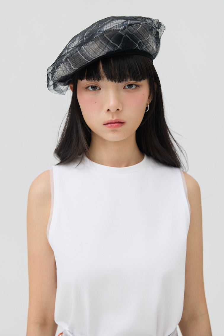KAGE BERET - BLACK TARTAN DOUBLE GAUZE - BEV C multi label store