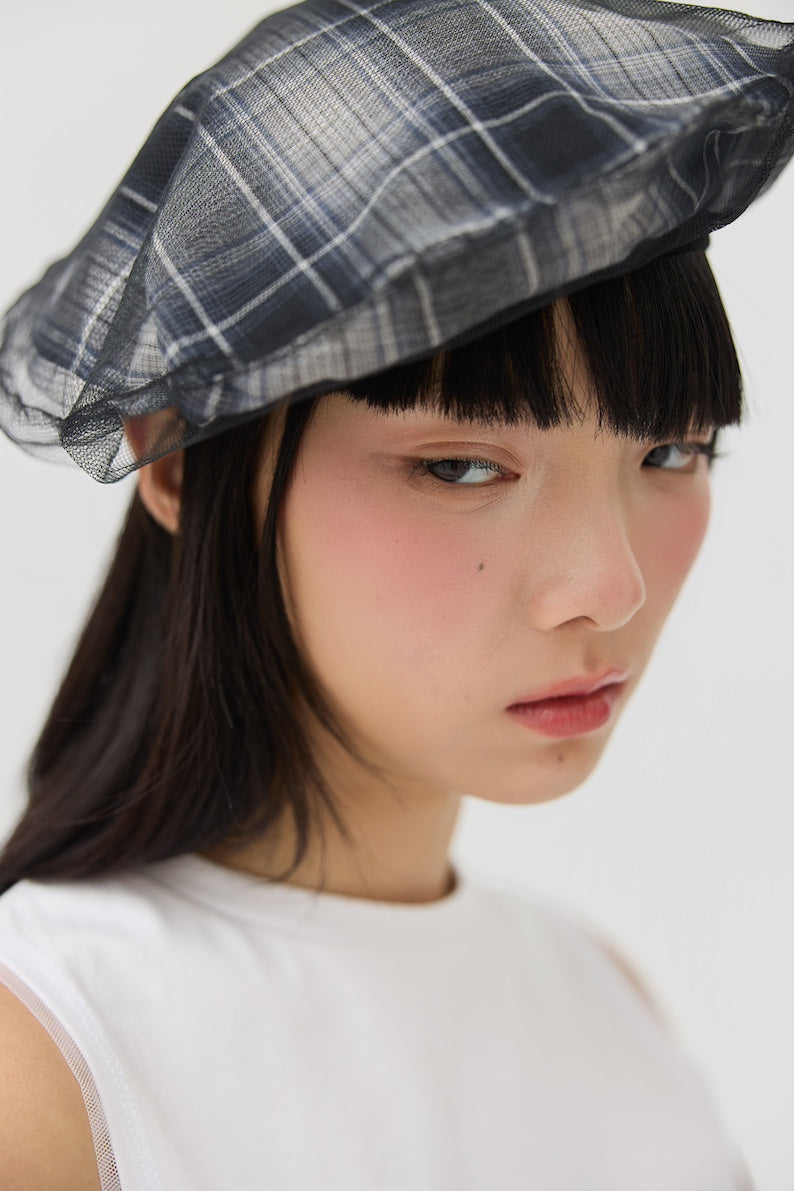 KAGE BERET - BLACK TARTAN DOUBLE GAUZE - BEV C multi label store