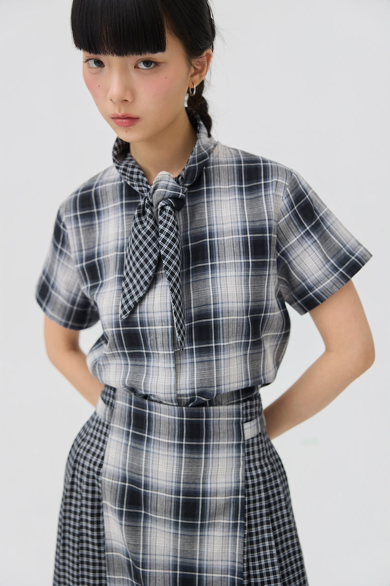 NIMAI 2-WAY SCARF TOP - BLACK TARTAN DOUBLE GAUZE - BEV C multi label store