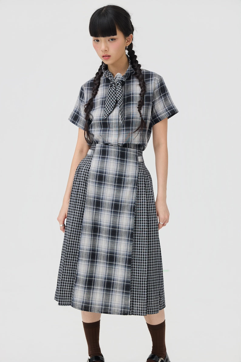 NIMAI 2-WAY SCARF TOP - BLACK TARTAN DOUBLE GAUZE - BEV C multi label store