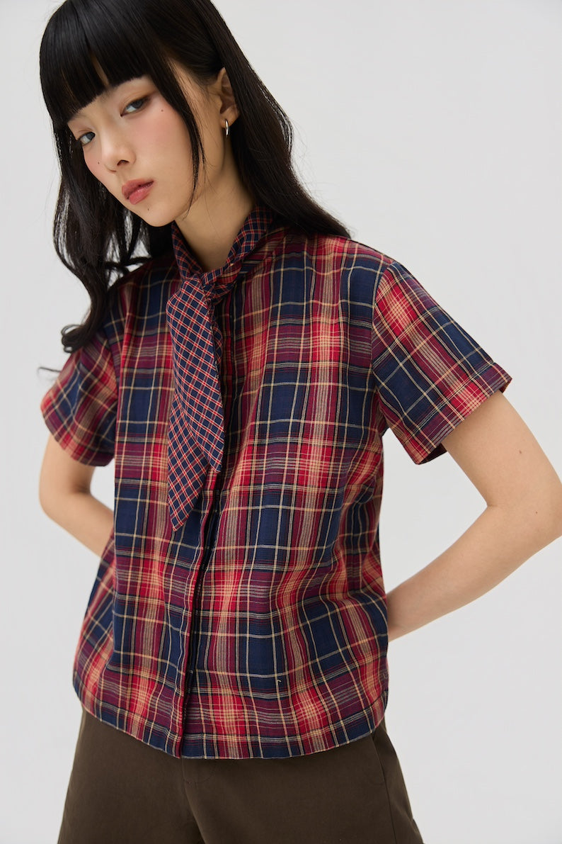 NIMAI 2-WAY SCARF TOP - RED TARTAN DOUBLE GAUZE - BEV C multi label store