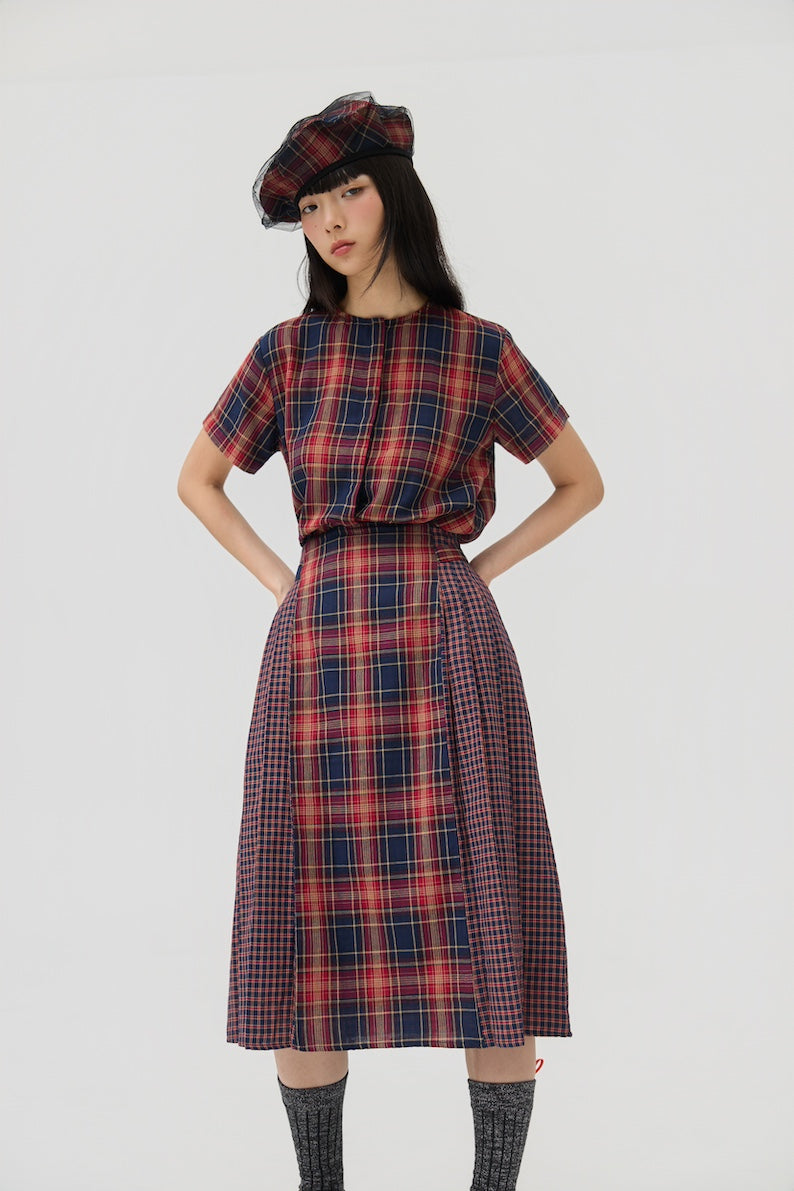 NIMAI 2-WAY SCARF TOP - RED TARTAN DOUBLE GAUZE - BEV C multi label store