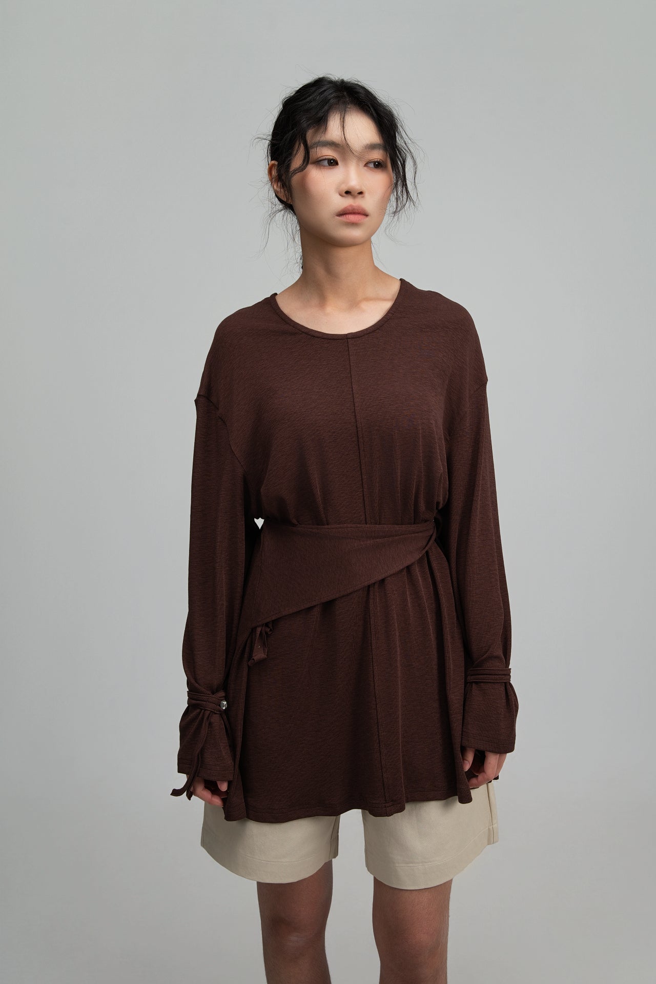 Snow Knit Braided Waist Drape Long Sleeve Top (Brown) - BEV C multi label store