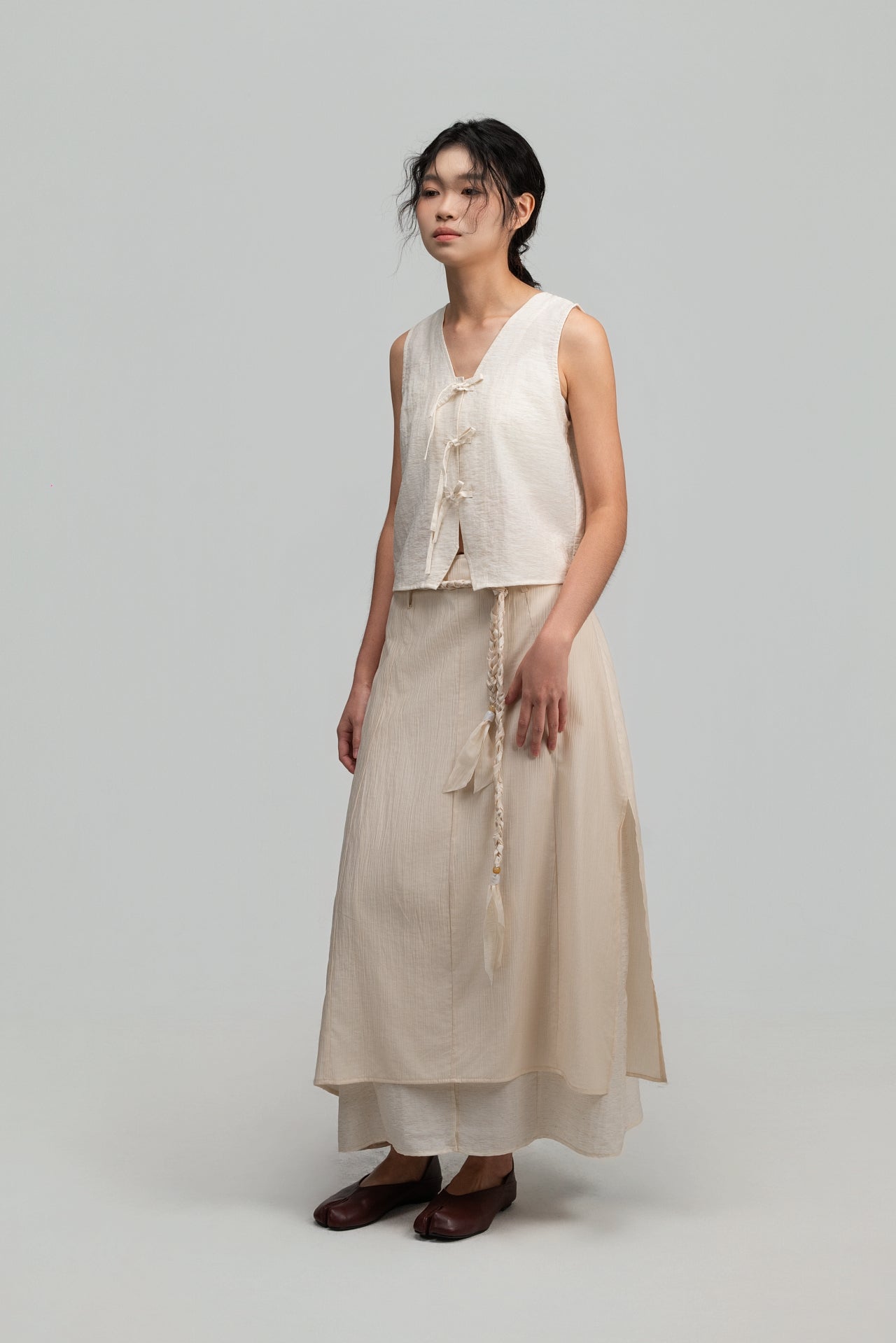 Dual-Layer Skirt w/ Braided Belt (Beige) - BEV C multi label store