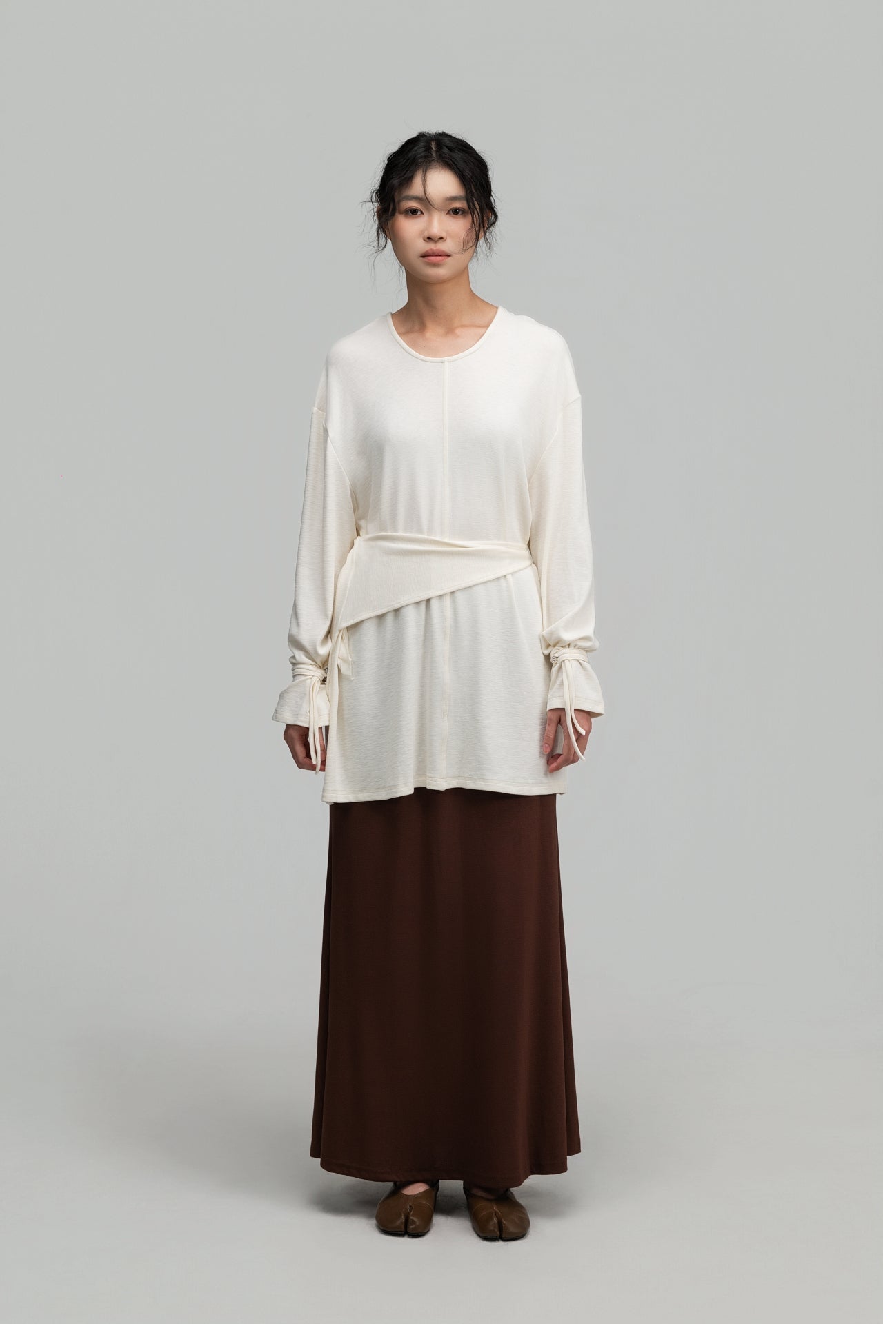 Snow Knit Braided Waist Drape Long Sleeve Top (White) - BEV C multi label store