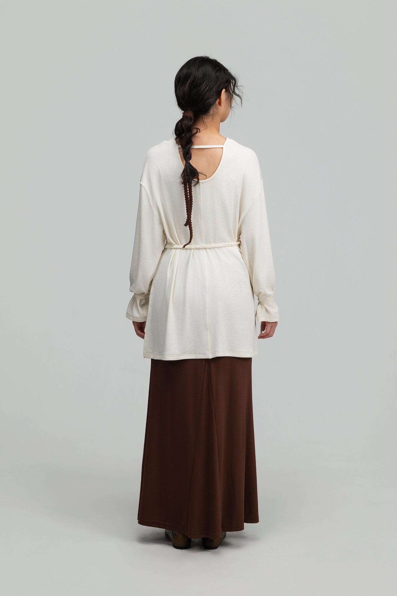 Snow Knit Braided Waist Drape Long Sleeve Top (White) - BEV C multi label store