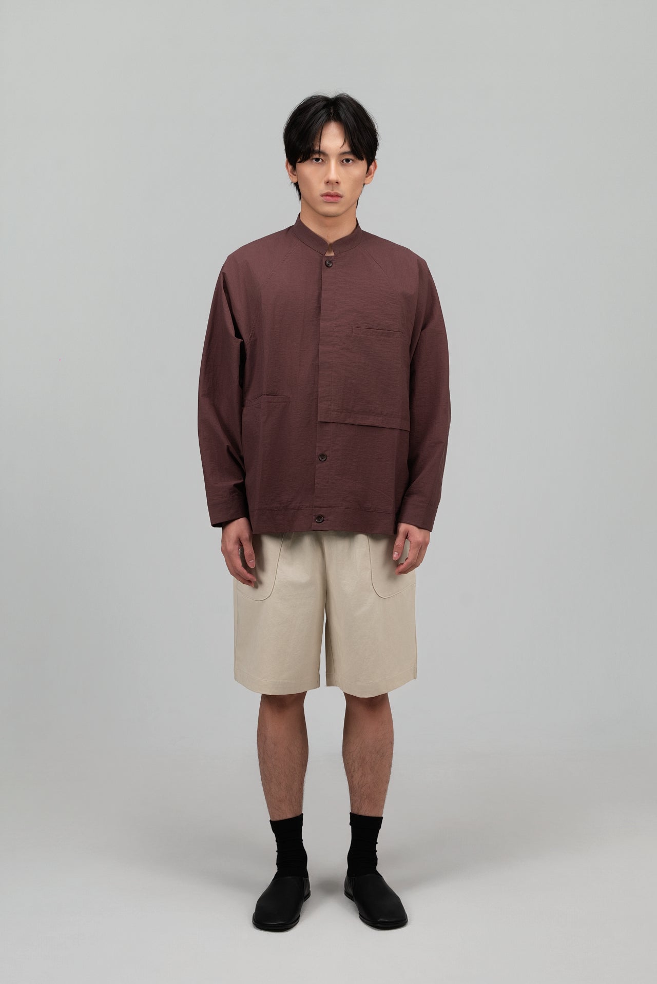 Gender Neutral Mandarin Collar Outer Blouse (Plum Brown) - BEV C multi label store