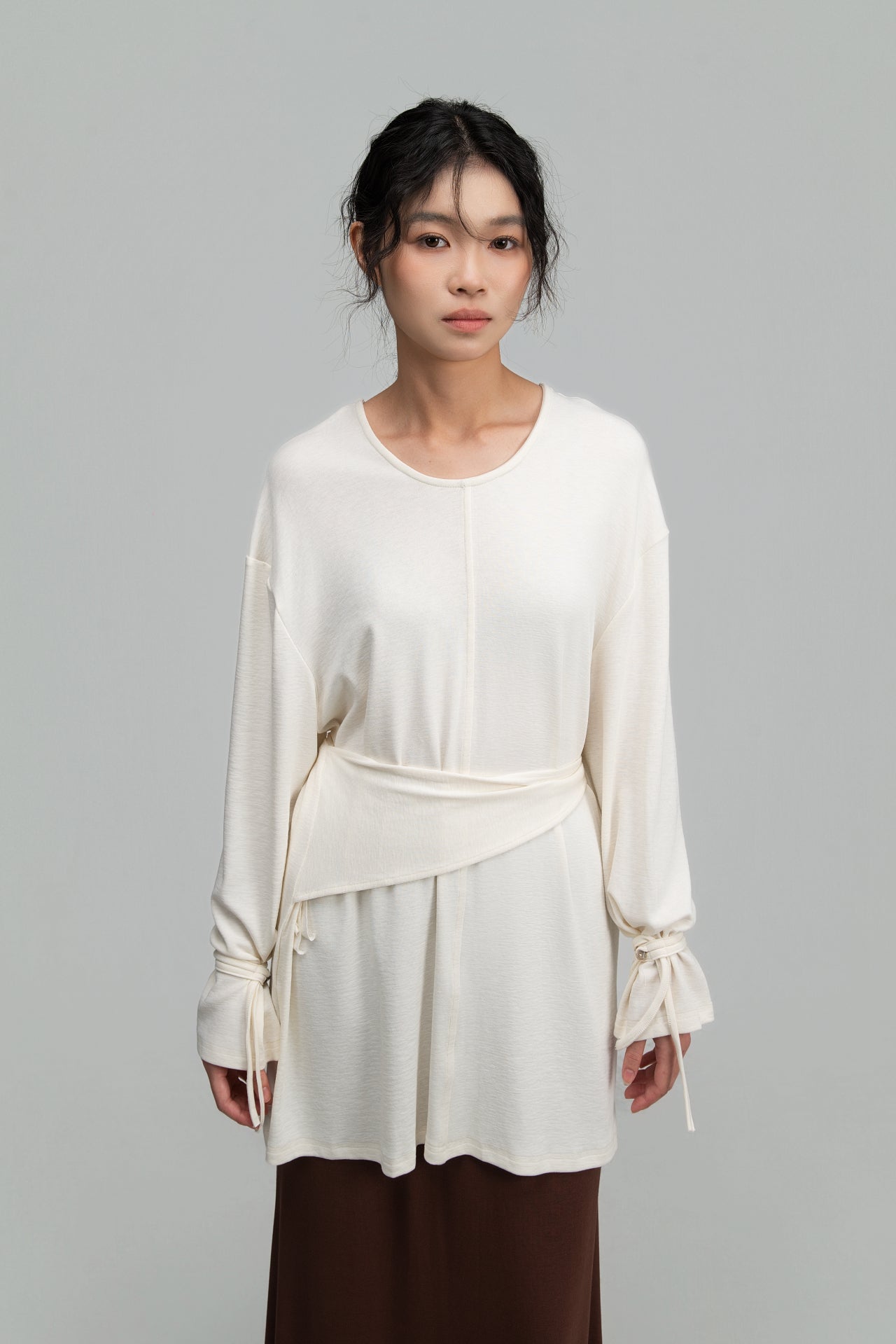 Snow Knit Braided Waist Drape Long Sleeve Top (White) - BEV C multi label store