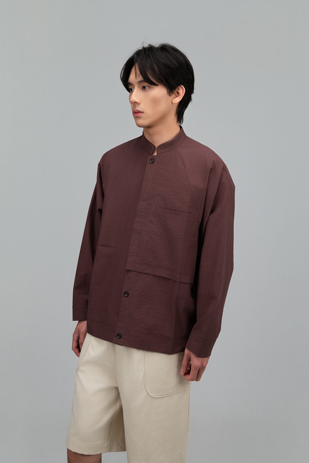 Gender Neutral Mandarin Collar Outer Blouse (Plum Brown) - BEV C multi label store
