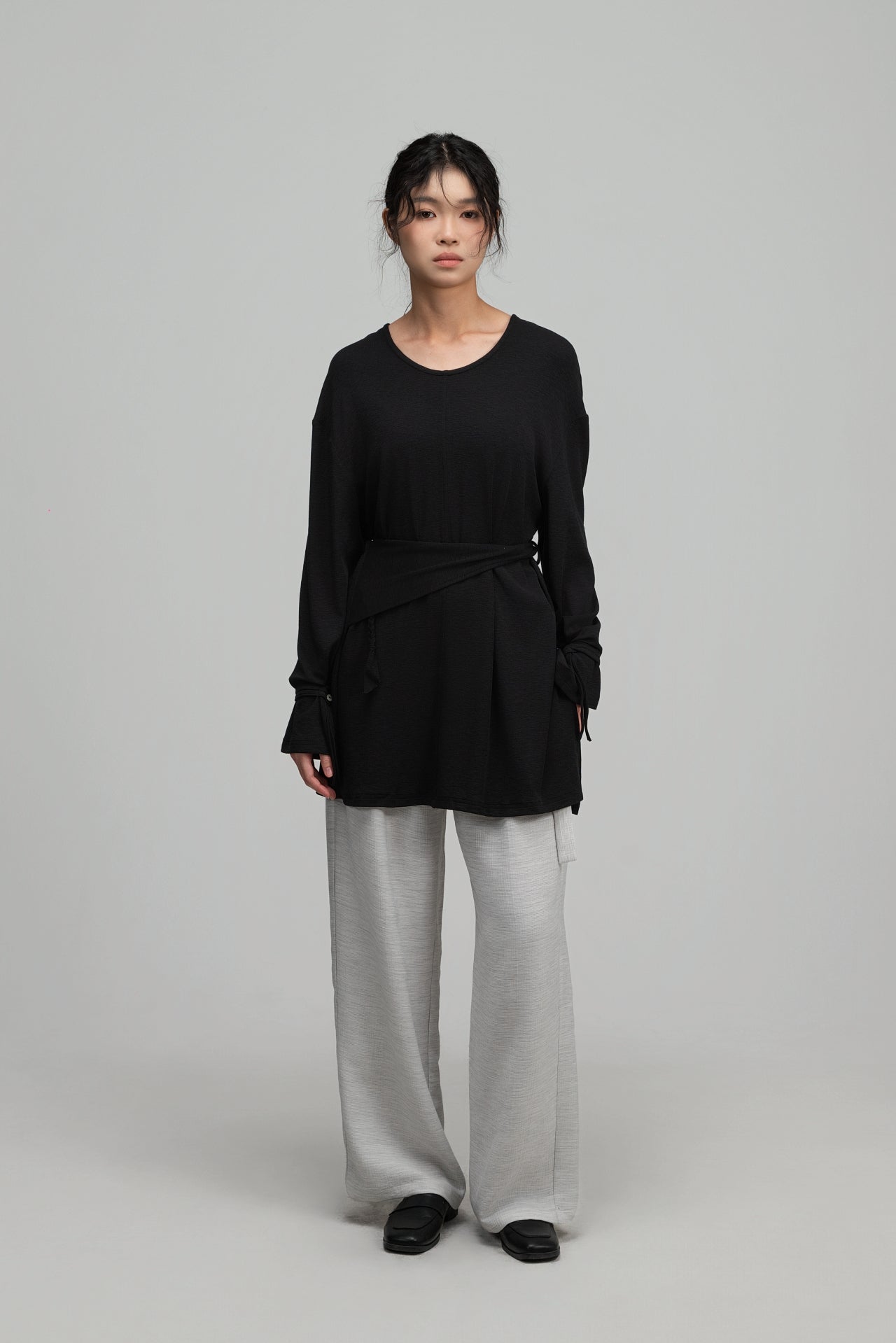 Snow Knit Braided Waist Drape Long Sleeve Top (Black) - BEV C multi label store