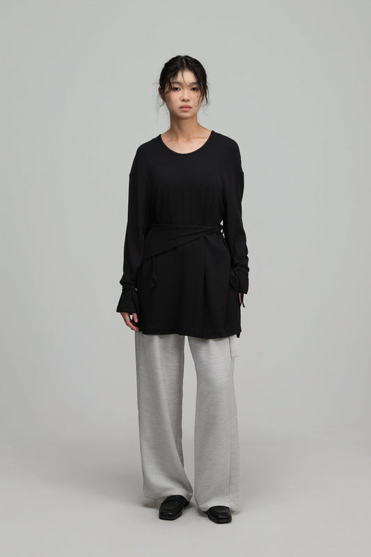 Snow Knit Braided Waist Drape Long Sleeve Top (Black) - BEV C multi label store